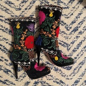 Hand-sewn floral high heel boots
